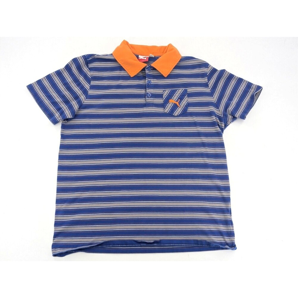 Puma Short Sleeve Pocket Striped Sporty Blue Gray Orange Polo T-Shirt Size Large